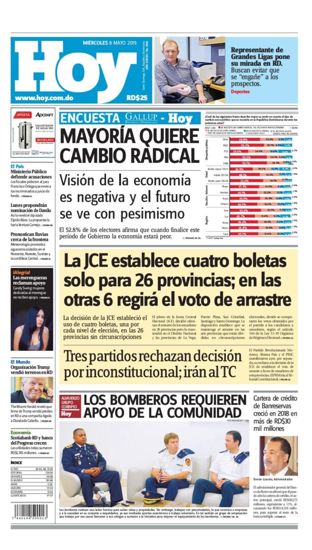 Portada Periódico Hoy, Miércoles 08 Mayo 2019