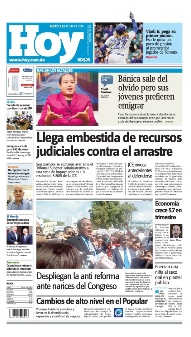 Portada Periódico Hoy, Miércoles 15 Mayo 2019