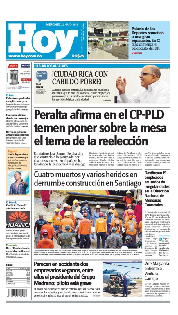 Portada Periódico Hoy, Miércoles 22 Mayo 2019
