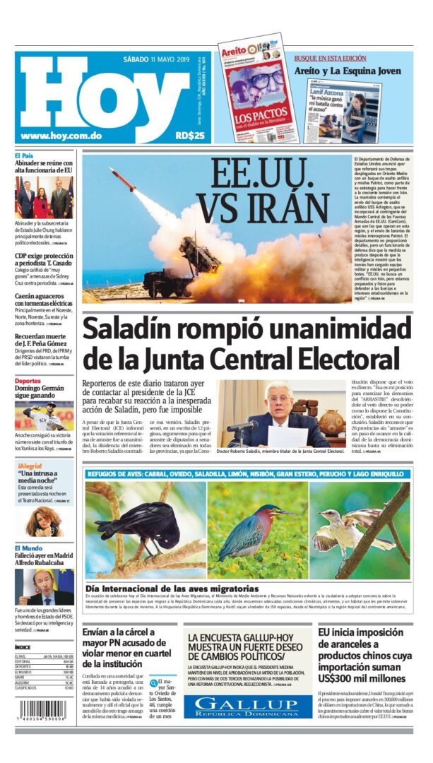 Portada Periódico Hoy, Sábado 11 Mayo 2019