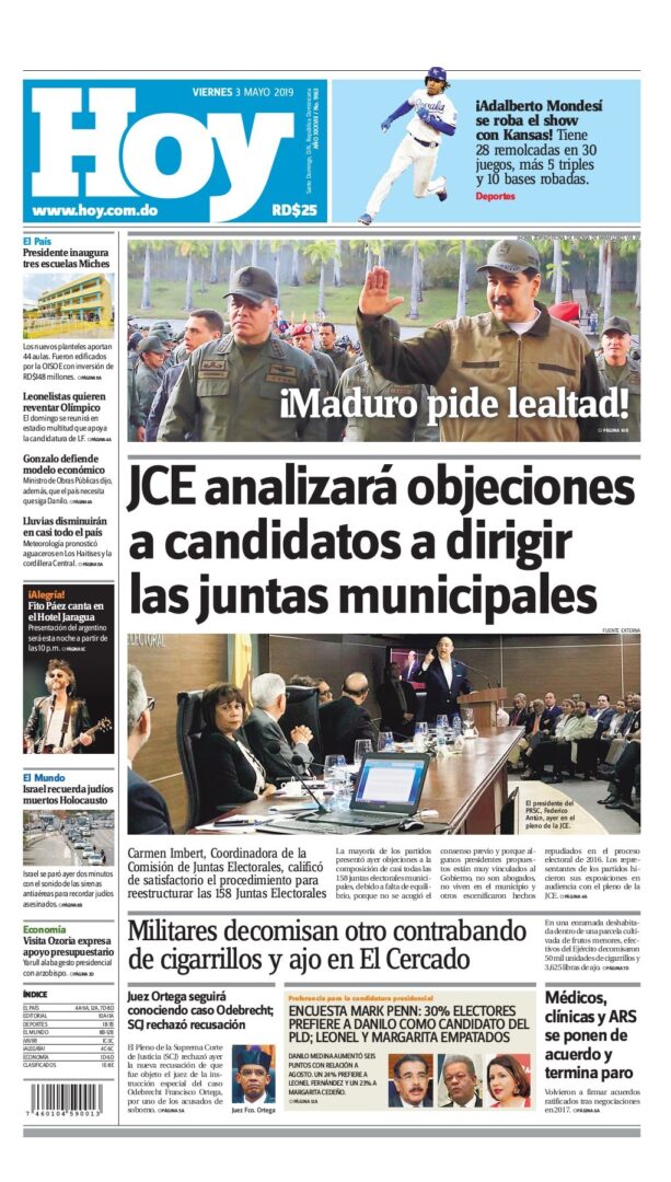 Portada Periódico Hoy, Viernes 03 Mayo 2019