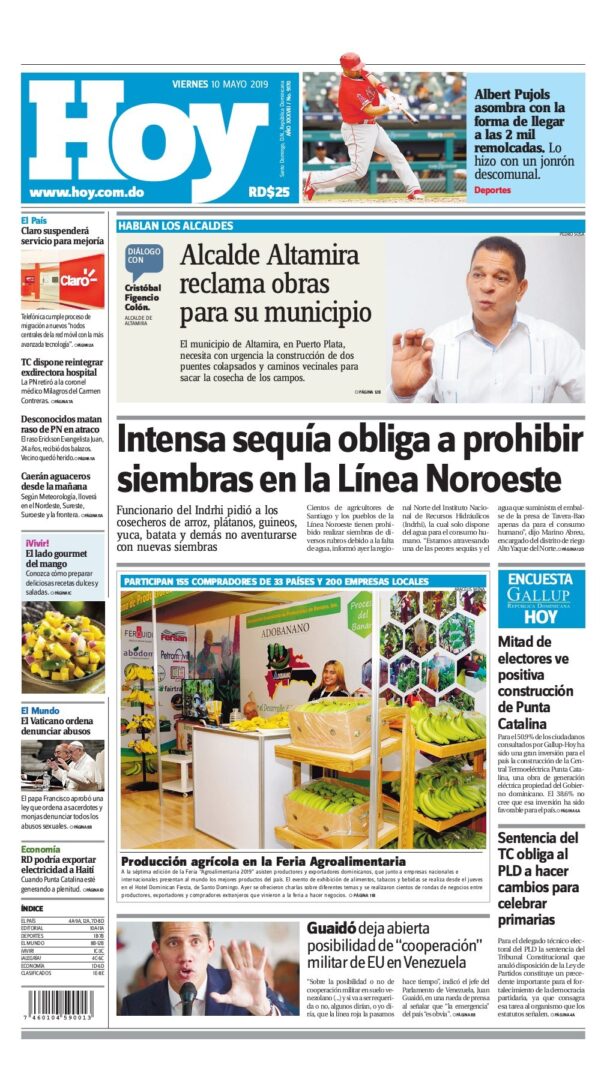 Portada Periódico Hoy, Viernes 10 Mayo 2019