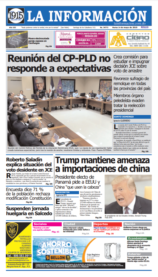 Portada Periódico La Información, Martes 14 Mayo 2019