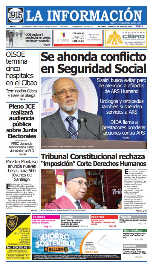 Portada Periódico La Información, Martes 30 Abril 2019