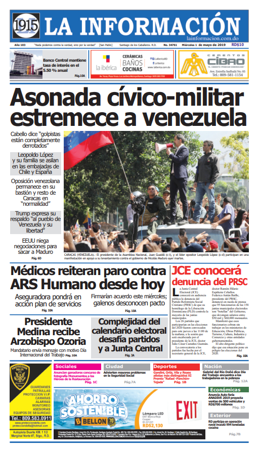 Portada Periódico La Información, Miércoles 01 Mayo 2019