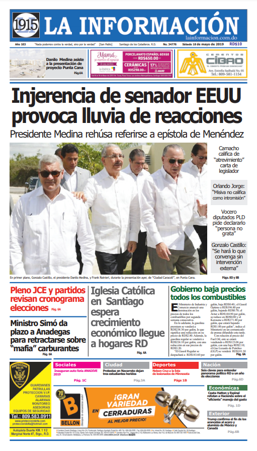 Portada Periódico La Información, Sábado 18 Mayo 2019
