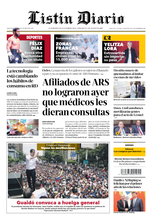 Portada Periódico Listín Diario, Jueves 02 Mayo 2019