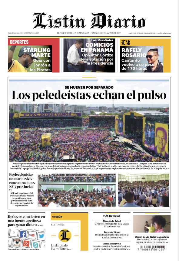 Portada Periódico Listín Diario, Lunes 06 Mayo 2019