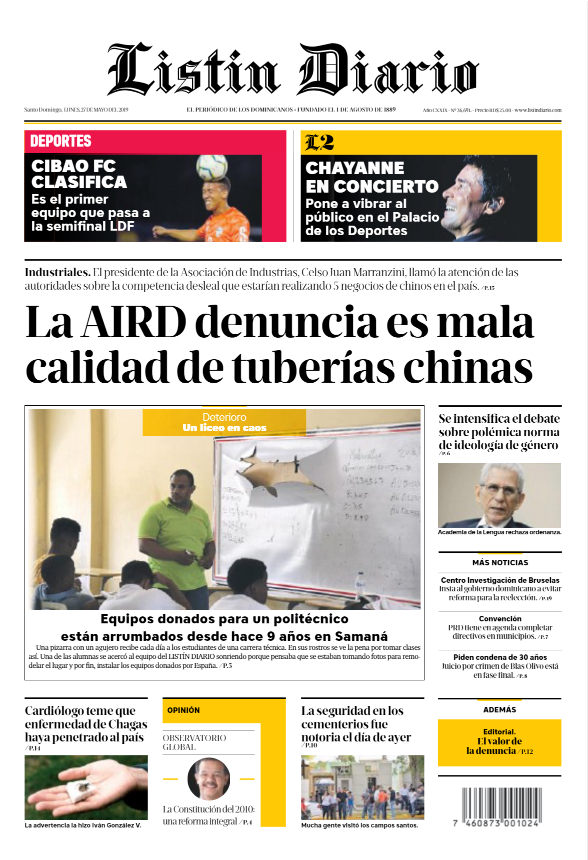 Portada Periódico Listín Diario, Lunes 27 Mayo 2019