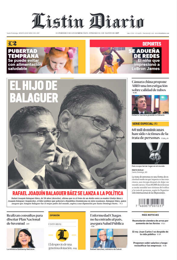 Portada Periódico Listín Diario, Martes 28 Mayo 2019