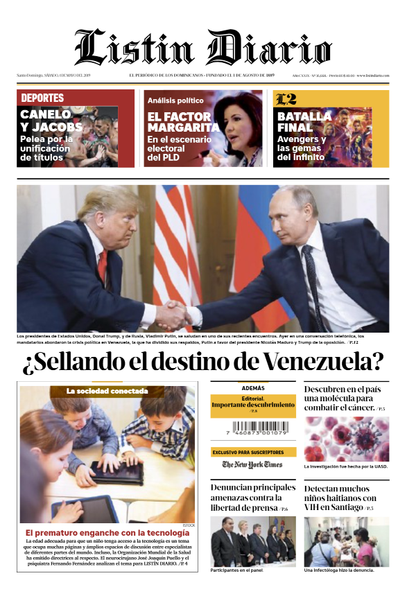 Portada Periódico Listín Diario, Sábado 04 Mayo 2019