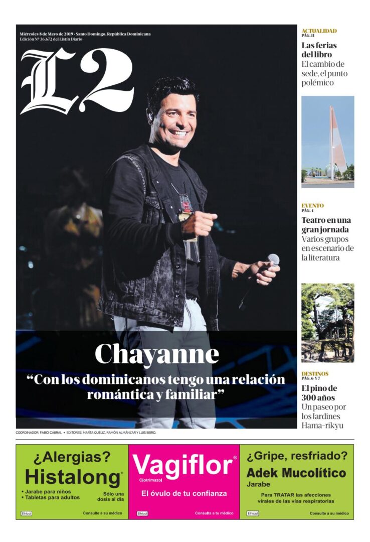 Portada Periódico Listín Diario – Sección L2, Miércoles 08 Mayo 2019