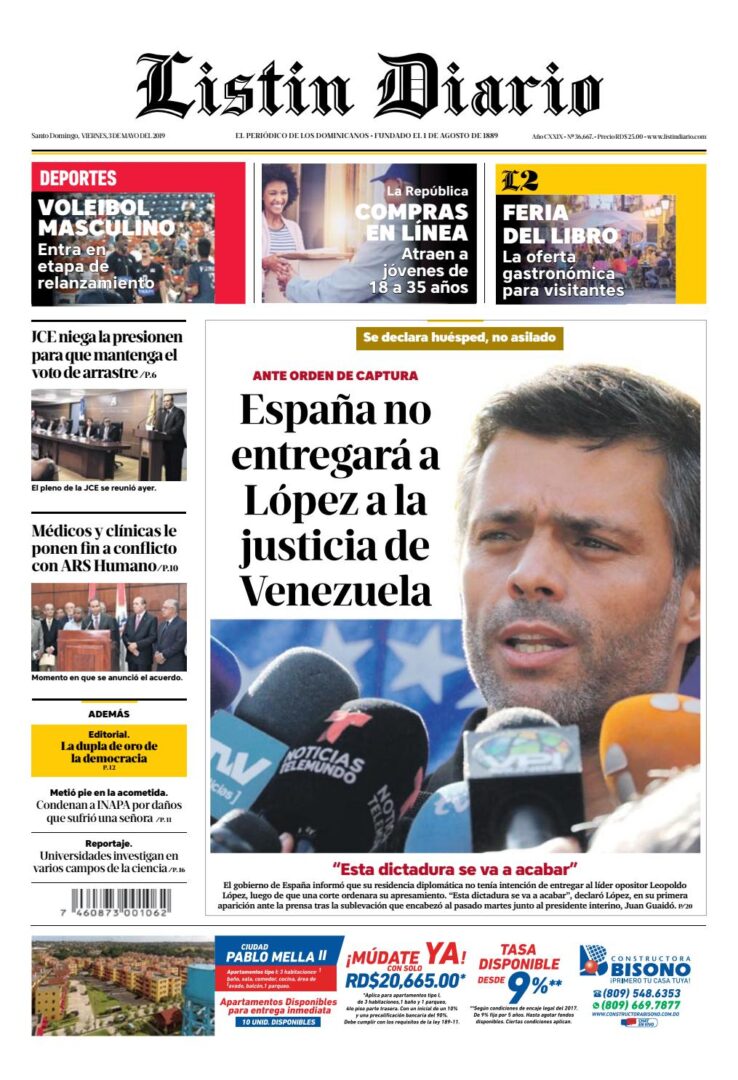 Portada Periódico Listín Diario, Viernes 03 Mayo 2019