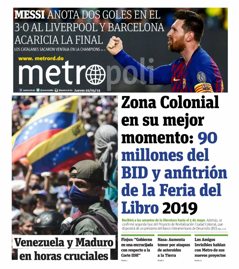 Portada Periódico Metro, Jueves 02 Mayo 2019