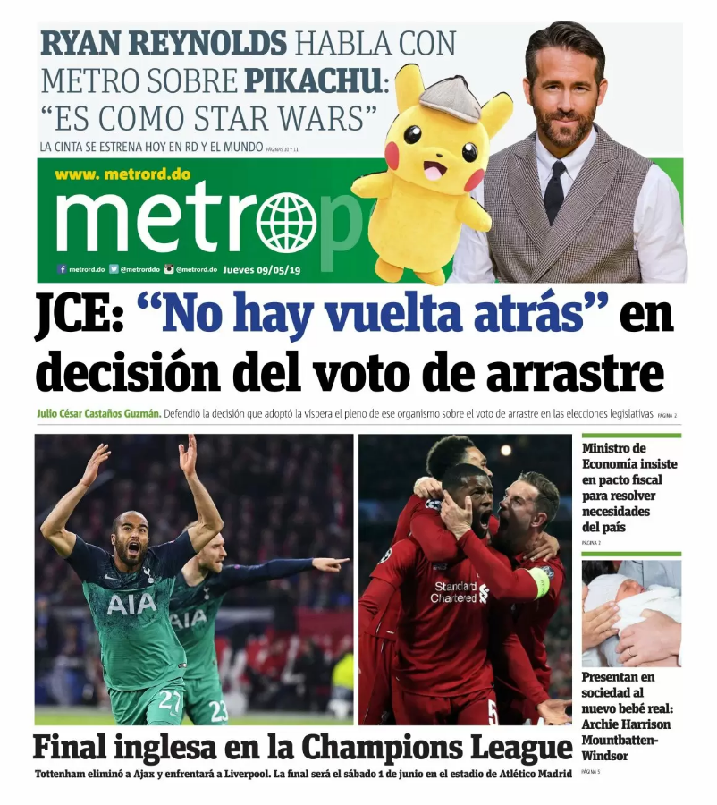 Portada Periódico Metro, Jueves 09 Mayo 2019