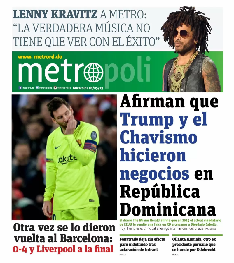 Portada Periódico Metro, Miércoles 08 Mayo 2019