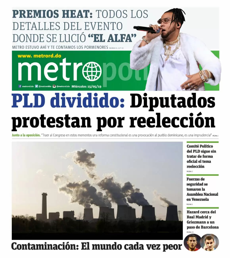 Portada Periódico Metro, Miércoles 15 Mayo 2019