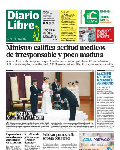 Portada Periódico Diario Libre, Jueves 02 Mayo 2019