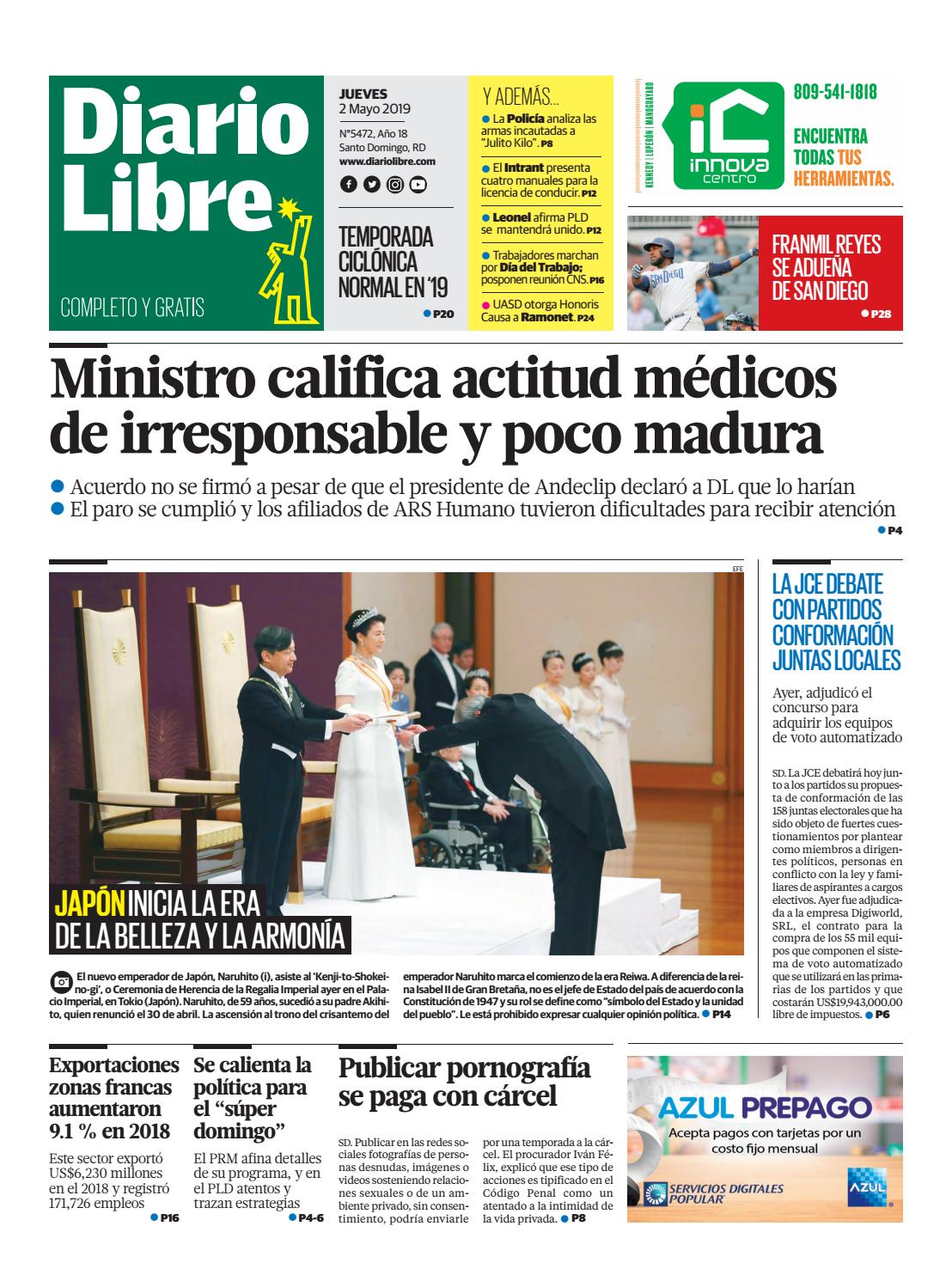 Portada Periódico Diario Libre, Jueves 02 Mayo 2019