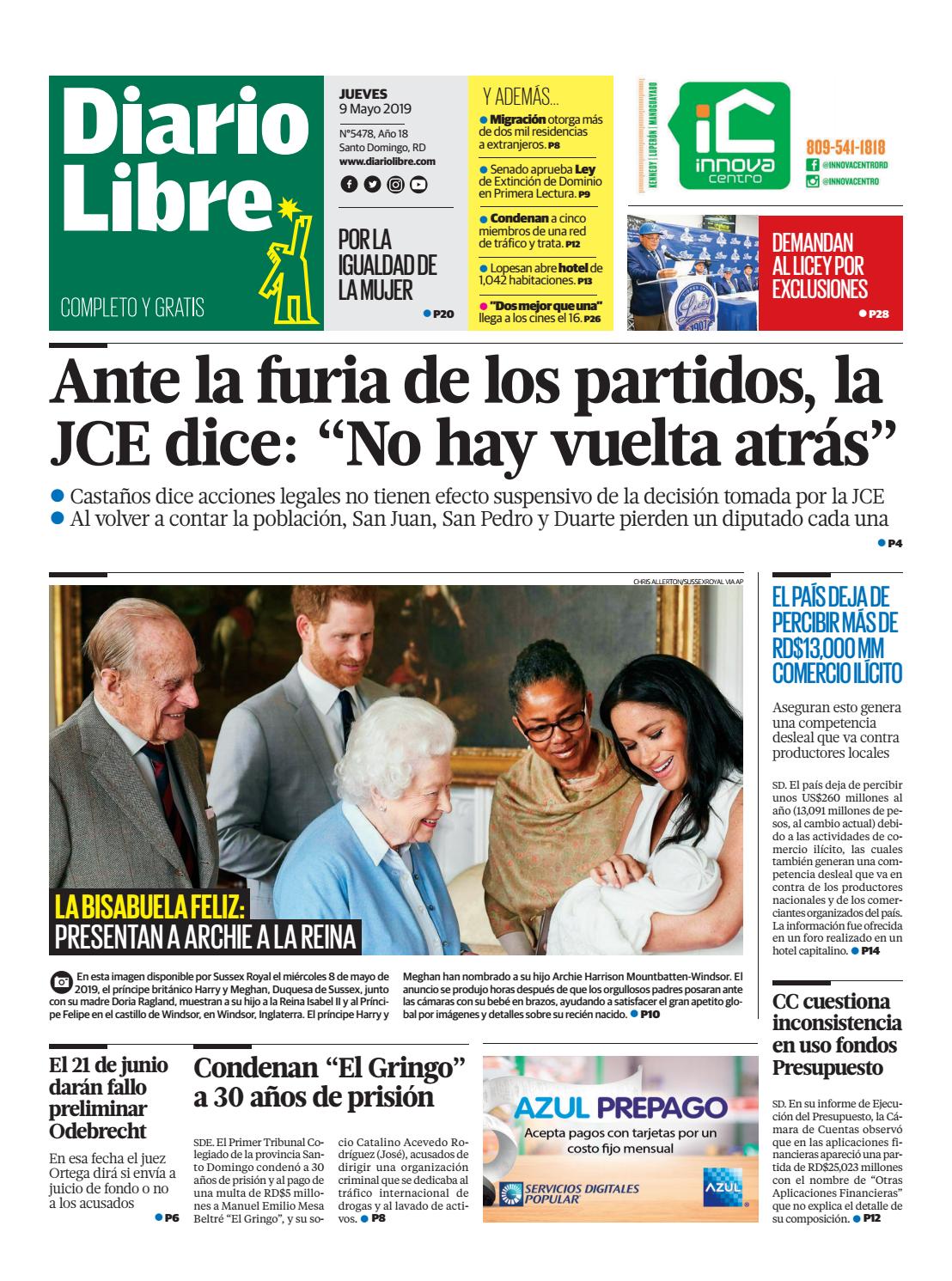 Portada Periódico Diario Libre, Jueves 09 Mayo 2019