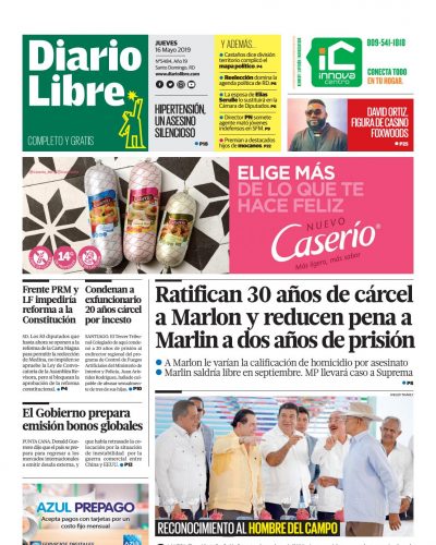 Portada Periódico Diario Libre, Jueves 16 Mayo 2019