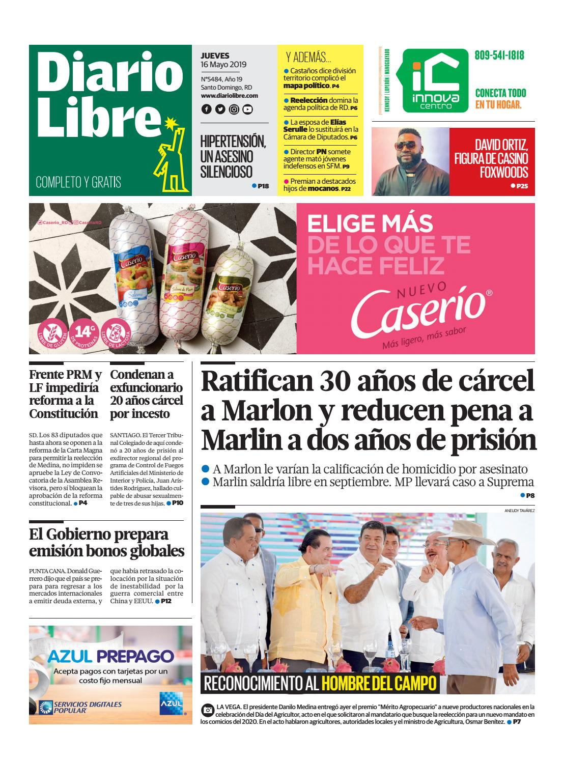 Portada Periódico Diario Libre, Jueves 16 Mayo 2019