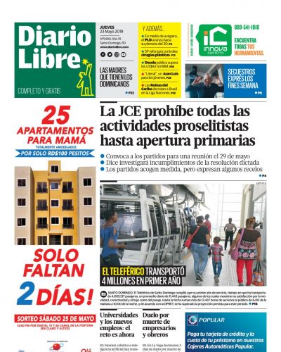 Portada Periódico Diario Libre, Jueves 23 Mayo 2019