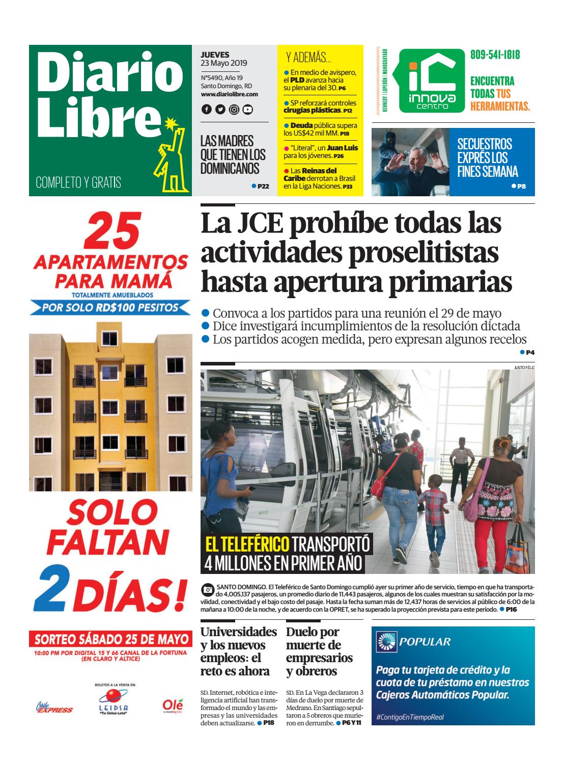 Portada Periódico Diario Libre, Jueves 23 Mayo 2019