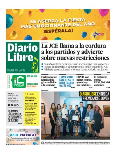 Portada Periódico Diario Libre, Jueves 30 Mayo 2019
