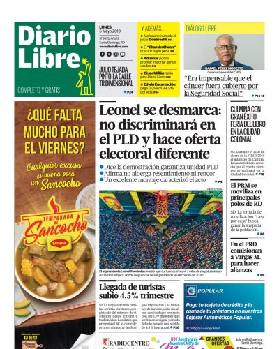 Portada Periódico Diario Libre, Lunes 06 Mayo 2019