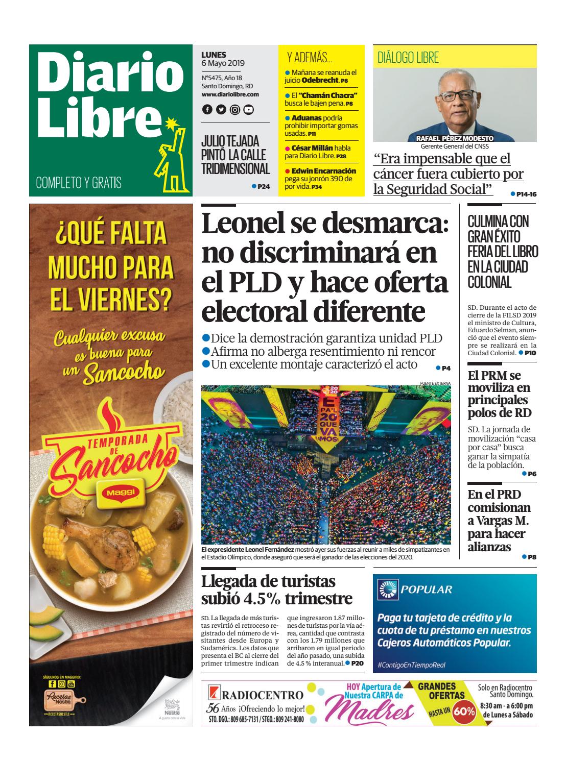 Portada Periódico Diario Libre, Lunes 06 Mayo 2019
