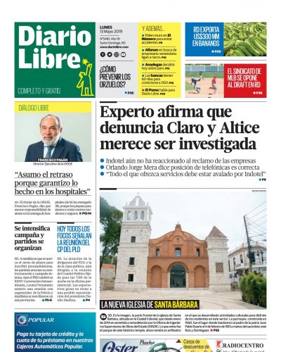 Portada Periódico Diario Libre, Lunes 13 Mayo 2019