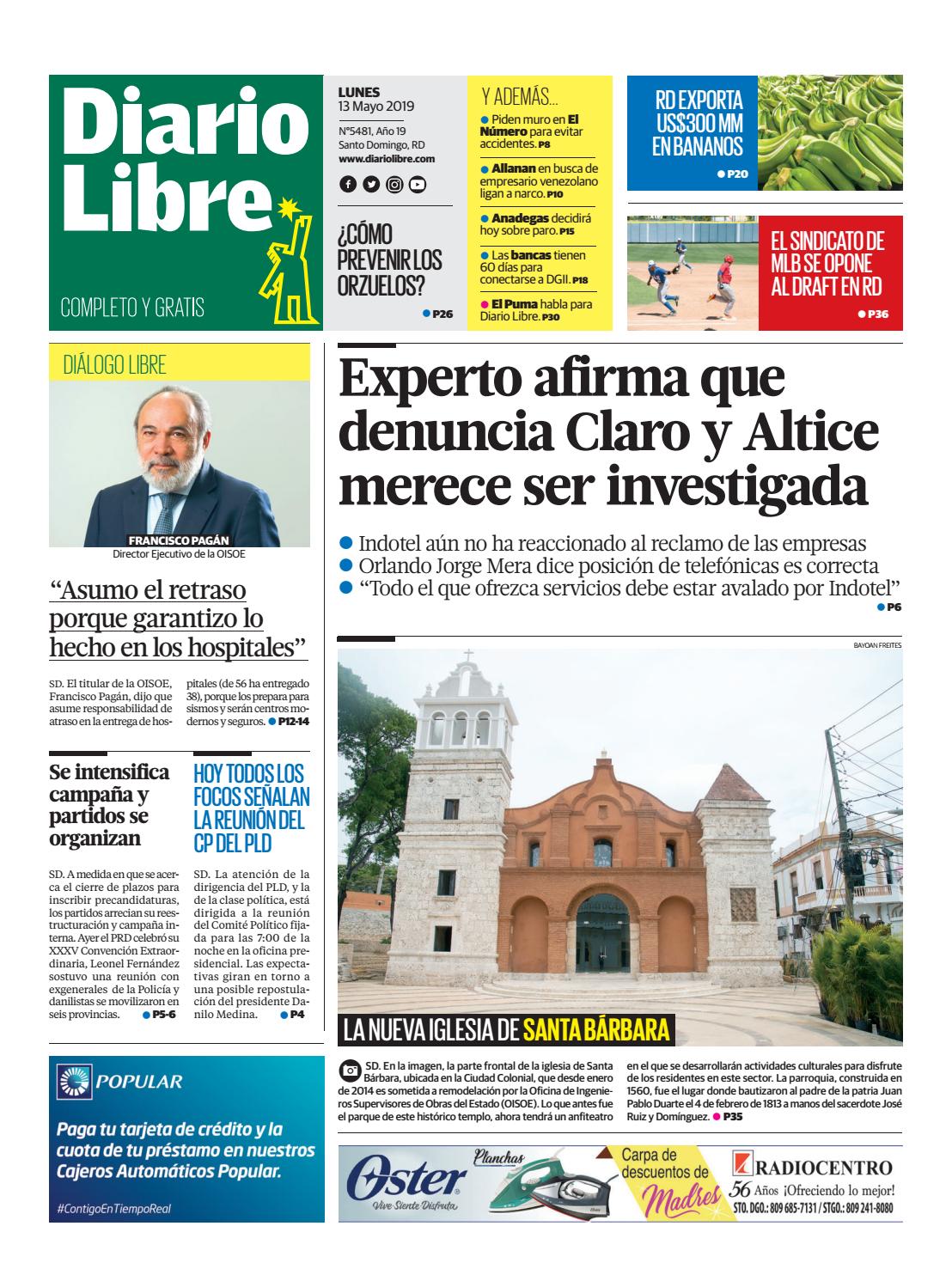 Portada Periódico Diario Libre, Lunes 13 Mayo 2019