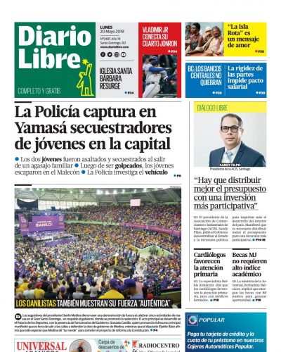 Portada Periódico Diario Libre, Lunes 20 Mayo 2019