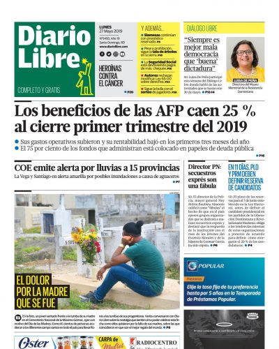 Portada Periódico Diario Libre, Lunes 27 Mayo 2019