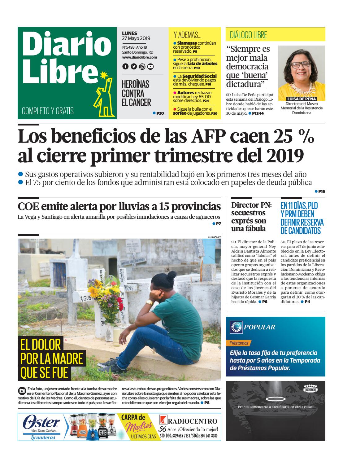 Portada Periódico Diario Libre, Lunes 27 Mayo 2019