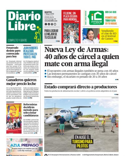 Portada Periódico Diario Libre, Martes 07 Mayo 2019