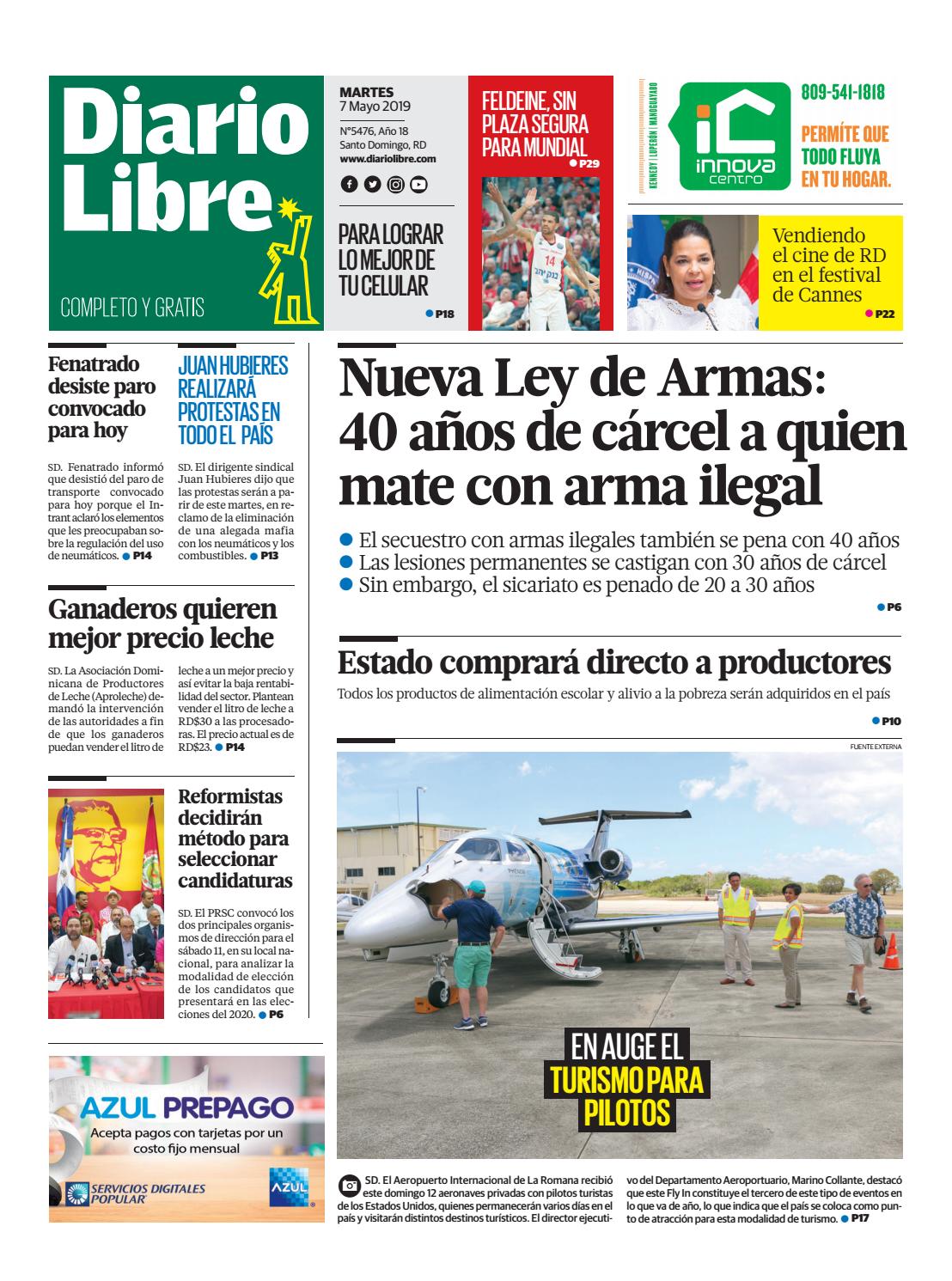 Portada Periódico Diario Libre, Martes 07 Mayo 2019