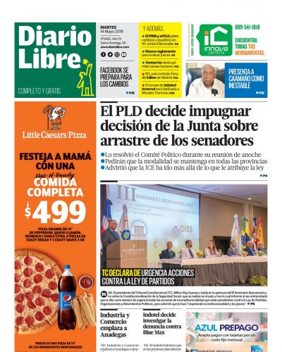 Portada Periódico Diario Libre, Martes 14 Mayo 2019