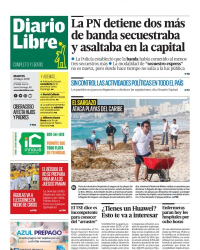 Portada Periódico Diario Libre, Martes 21 Mayo 2019