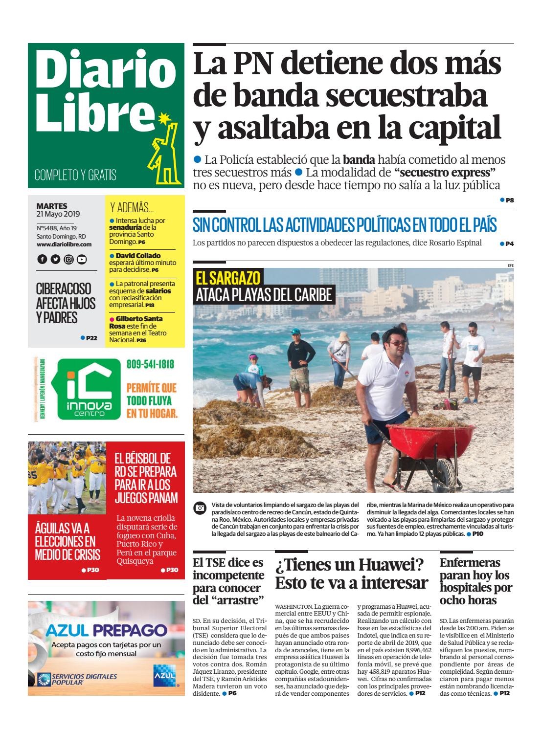 Portada Periódico Diario Libre, Martes 21 Mayo 2019