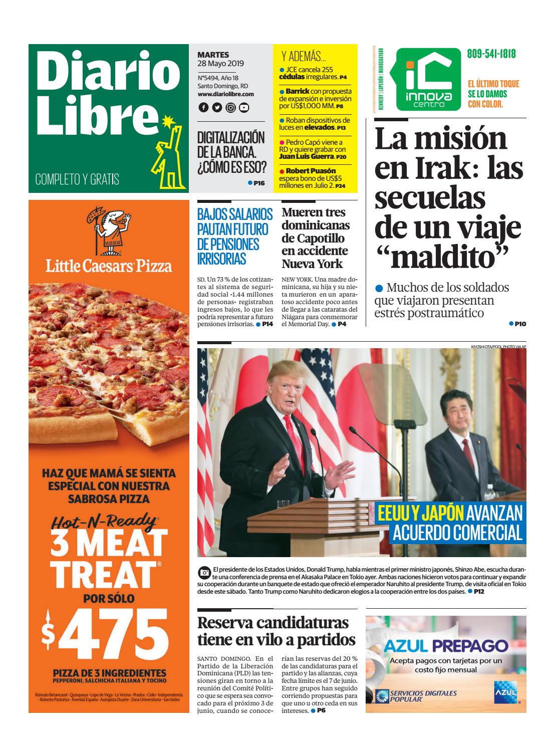 Portada Periódico Diario Libre, Martes 28 Mayo 2019