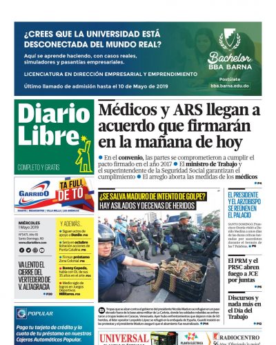 Portada Periódico Diario Libre, Miércoles 01 Mayo 2019