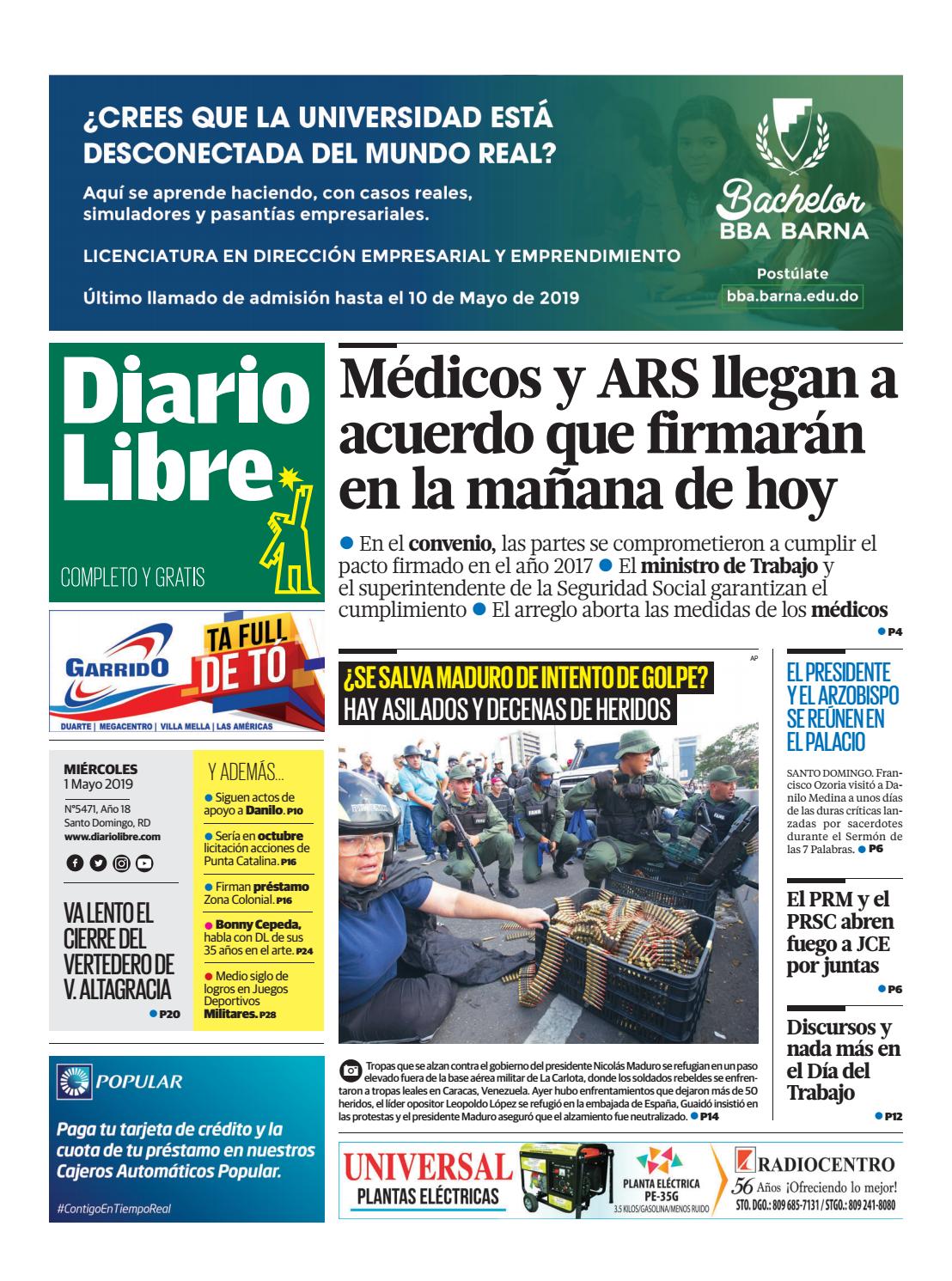 Portada Periódico Diario Libre, Miércoles 01 Mayo 2019