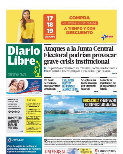 Portada Periódico Diario Libre, Miércoles 15 Mayo 2019