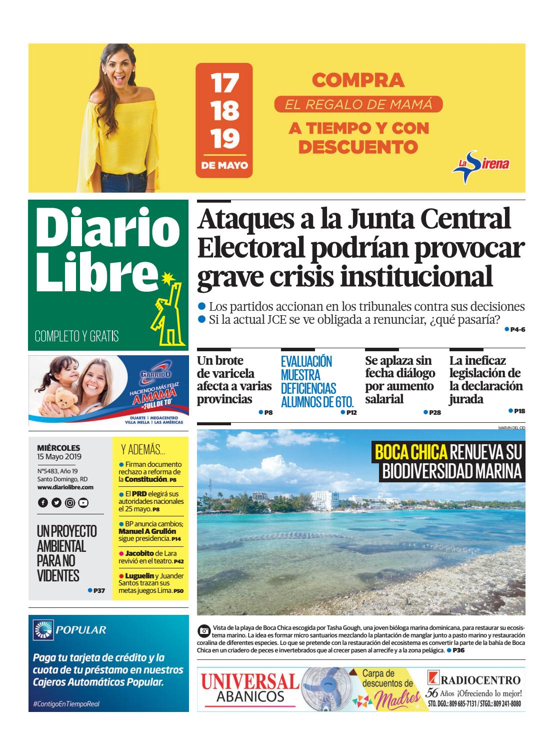 Portada Periódico Diario Libre, Miércoles 15 Mayo 2019