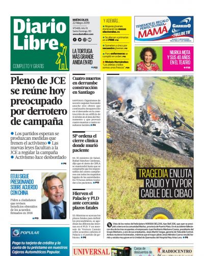 Portada Periódico Diario Libre, Miércoles 22 Mayo 2019