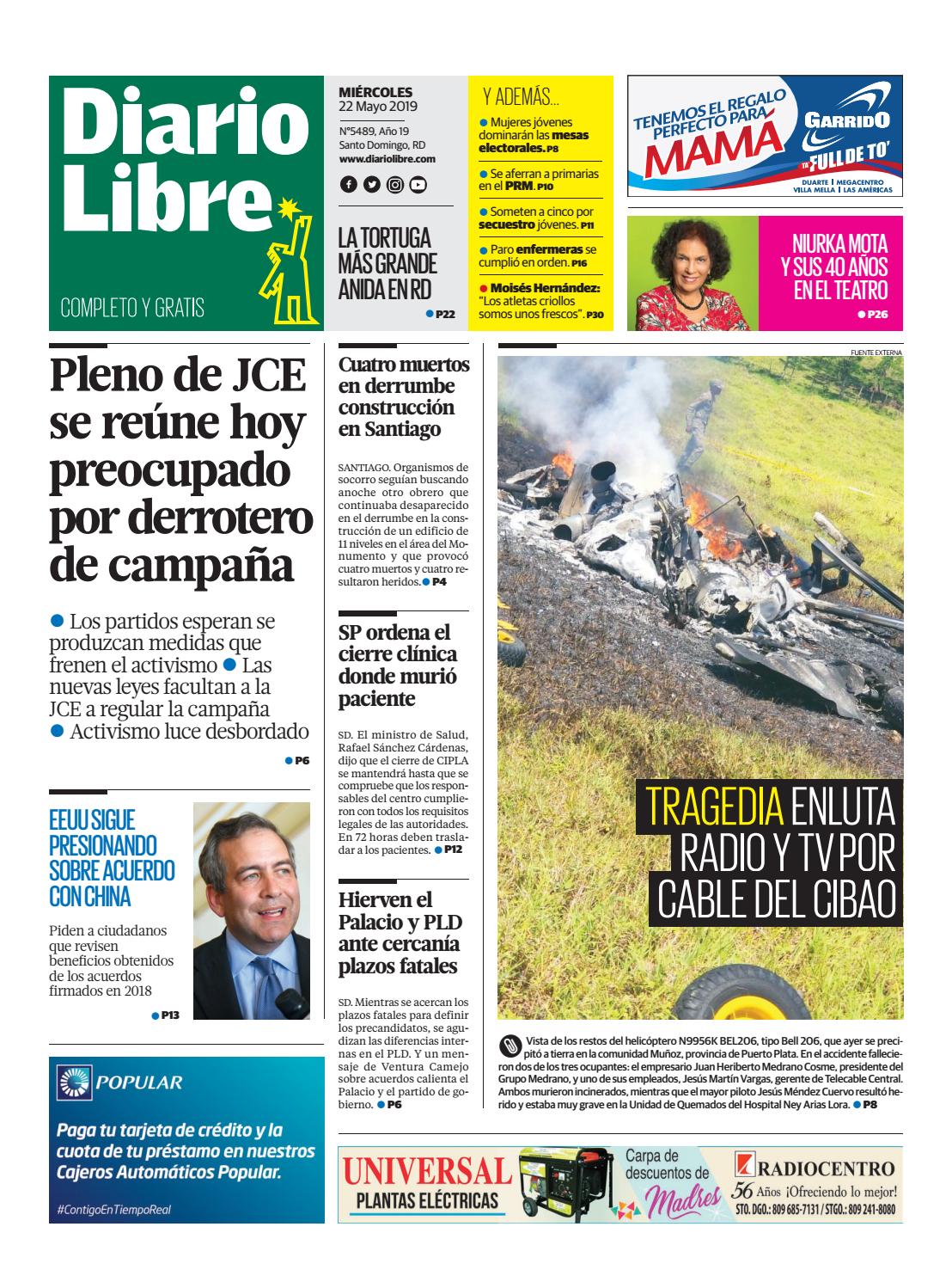 Portada Periódico Diario Libre, Miércoles 22 Mayo 2019