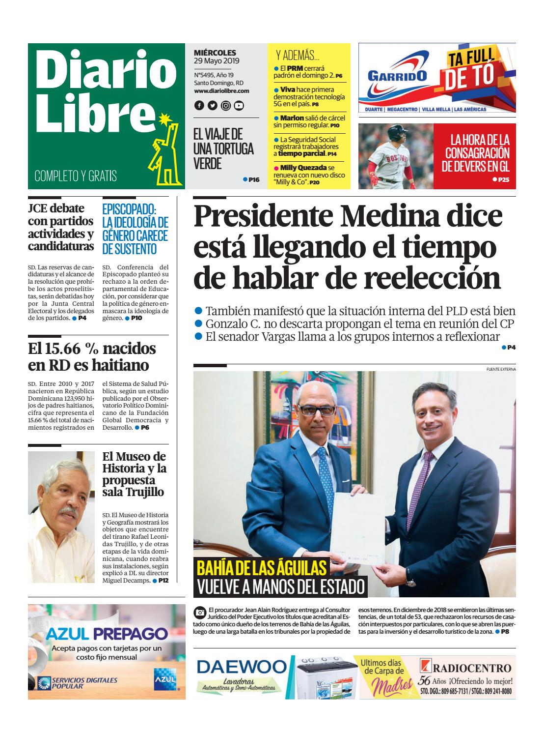 Portada Periódico Diario Libre, Miércoles 29 Mayo 2019