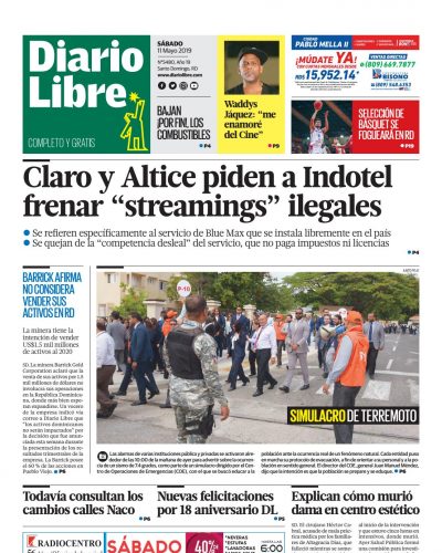 Portada Periódico Diario Libre, Sábado 11 Mayo 2019